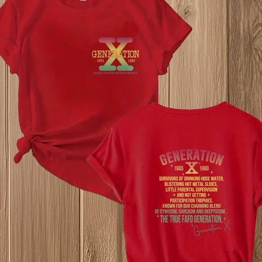 Red t-shirt with 'Generation X' design on a wooden surface