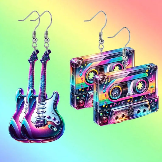 Colorful guitar-shaped and cassette tape-themed earrings on a gradient background
