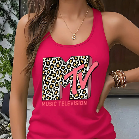 Model wearing the Fantascticz 80s style racerback tank top in a brilliant hot pink, featuring the iconic MTV Music Television logo with a bold leopard print fill.