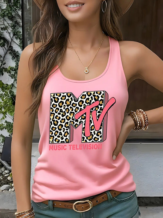 Model wearing the Fantascticz 80s style racer back tank top in light pink, featuring the iconic MTV Music Television logo with a bold leopard print fill.