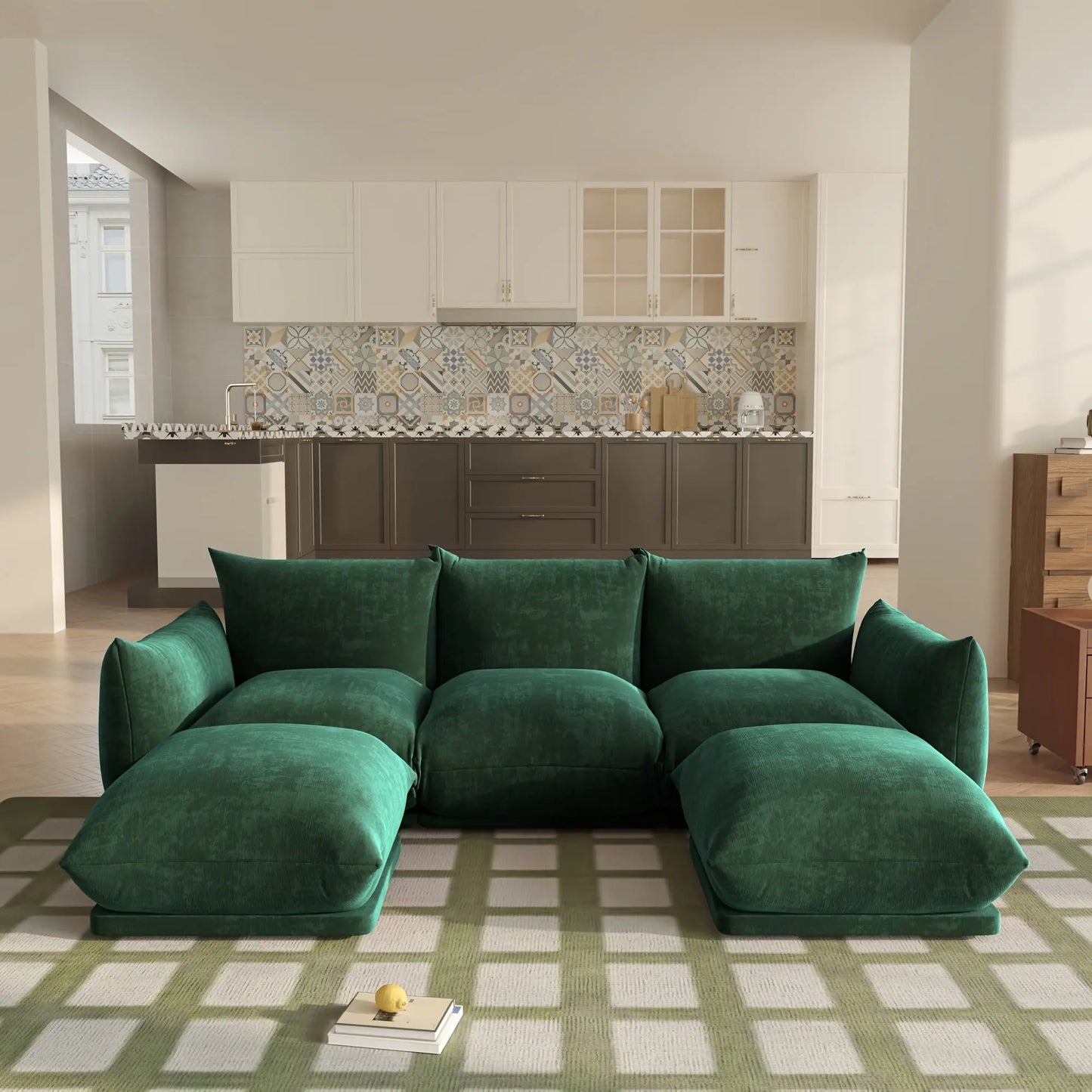 The Fantascticz Nexus Modular Sectional Sofa in rich Green Chenille, styled in a luxurious U-shape configuration in a modern open-concept living space.