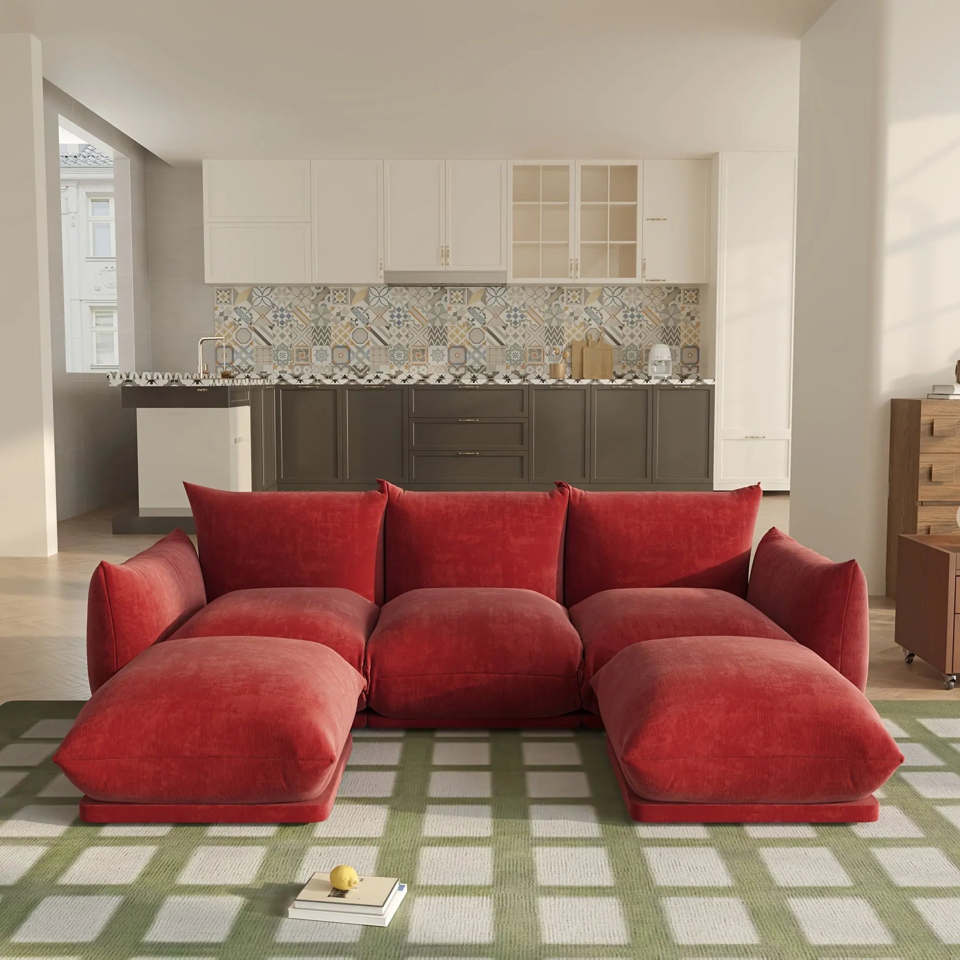 Front view of the Fantascticz Nexus Modular Sectional Sofa in Red Chenille, showcasing its U-shape configuration in a modern open-concept living room and kitchen.