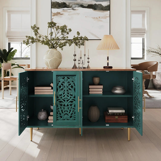 Teal cabinet with open doors displaying decorative items in a room with a painting and lamp.