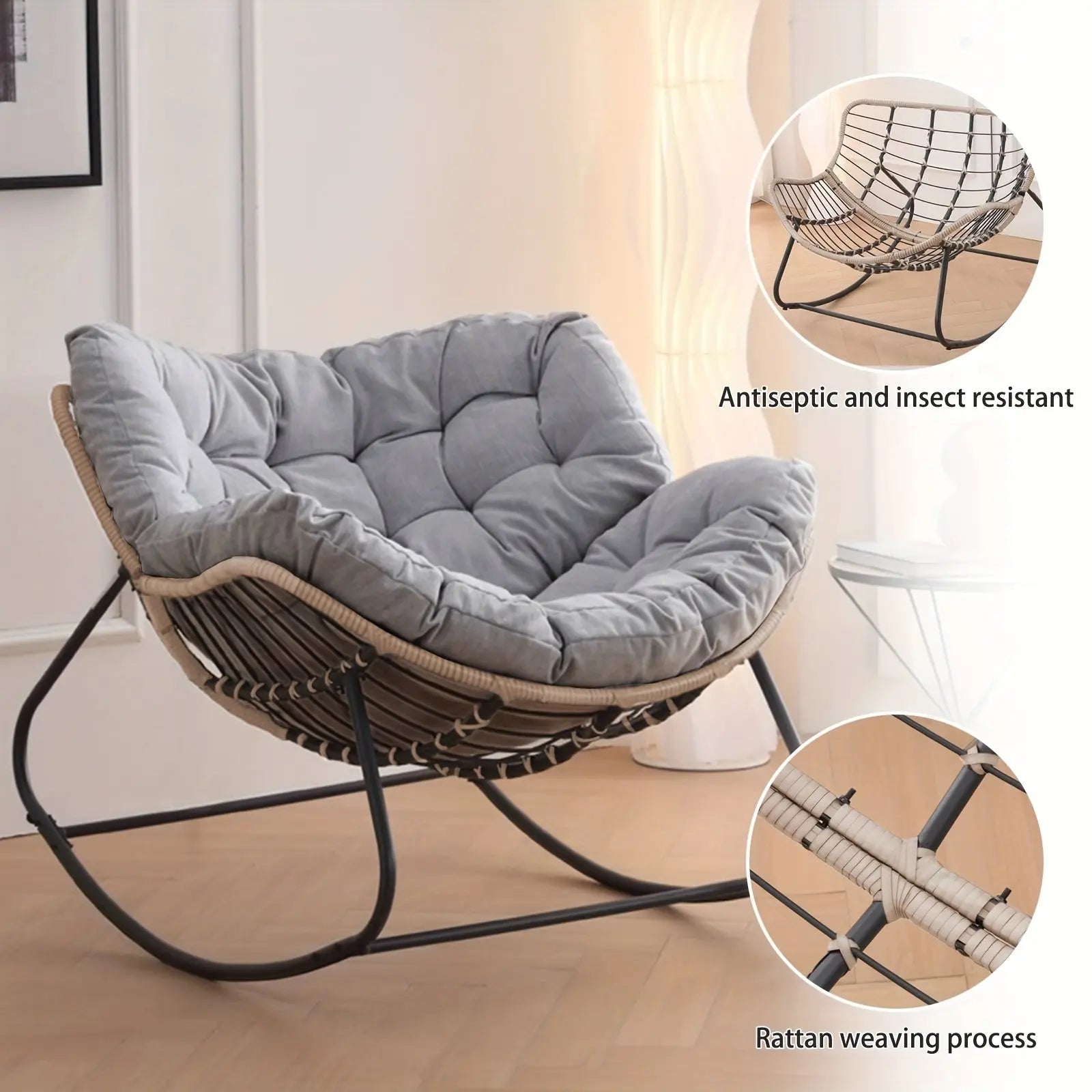 The 'Oasis' Rocking Lounger from Fantascticz with close-up views showing the durable, insect-resistant frame and the intricate, high-quality rattan weaving process of the chair's base.