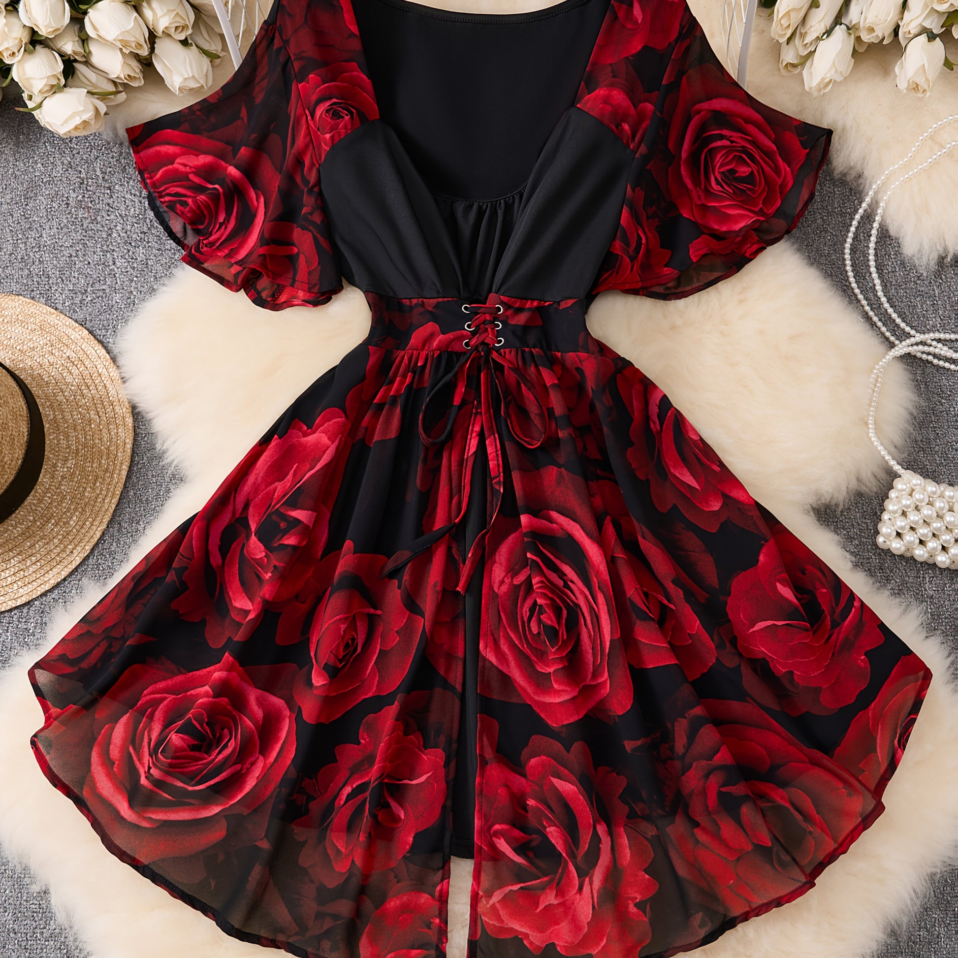 Fantascticz romantic black A-line gown with vibrant red rose prints on sheer sleeves, elegantly displayed on floral textured surface with pearl jewelry and vintage hat