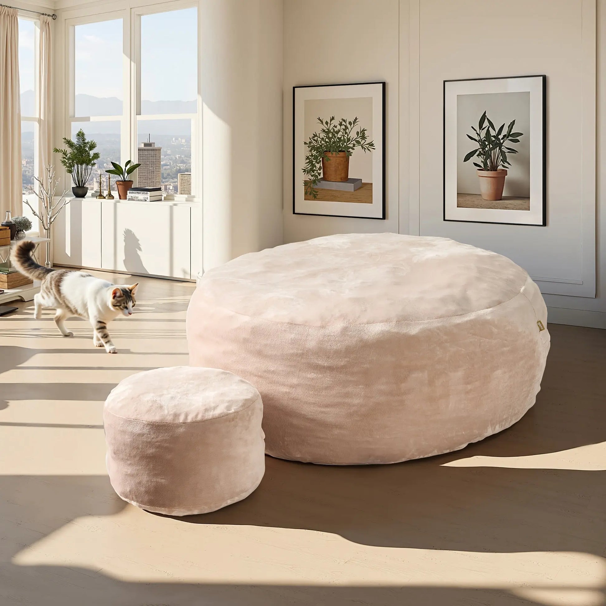 A lifestyle image showcasing The Sanctuary Lounger and ottoman by Fantascticz, featured in a warm, elegant beige fabric. The set's soft neutral tone provides versatile, understated luxury, beautifully complementing the bright and modern living space.