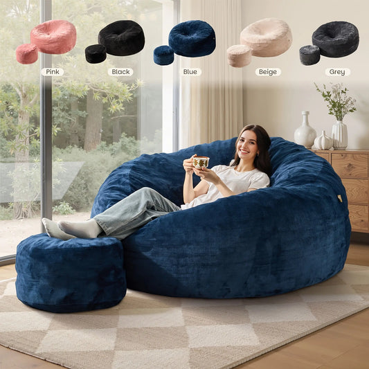 The Sanctuary Lounger by Fantascticz, featuring a woman relaxing in the plush blue chair and matching ottoman. The full color palette is displayed above, including options in Pink, Black, Blue, Beige, and Gray.