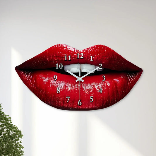 A stunning close-up of The Scarlet Kiss Silent Wall Clock from Fantascticz, showcasing its vibrant red acrylic finish and iconic 80s pop art lips design.