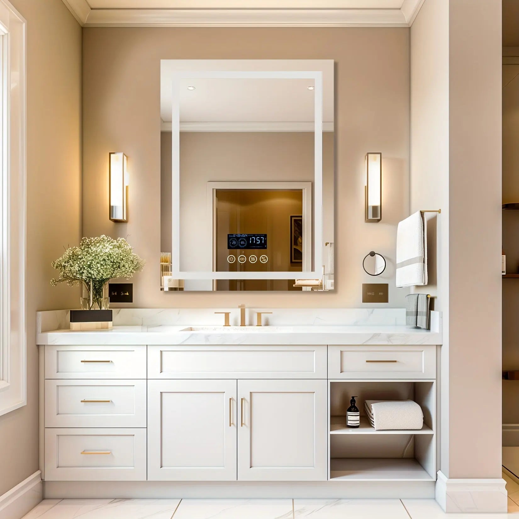 A lifestyle image showcasing The Signature Smart Mirror by Fantascticz as the centerpiece of an elegant, classic bathroom vanity. The mirror's sophisticated framed design seamlessly integrates its smart digital display into a timeless aesthetic.