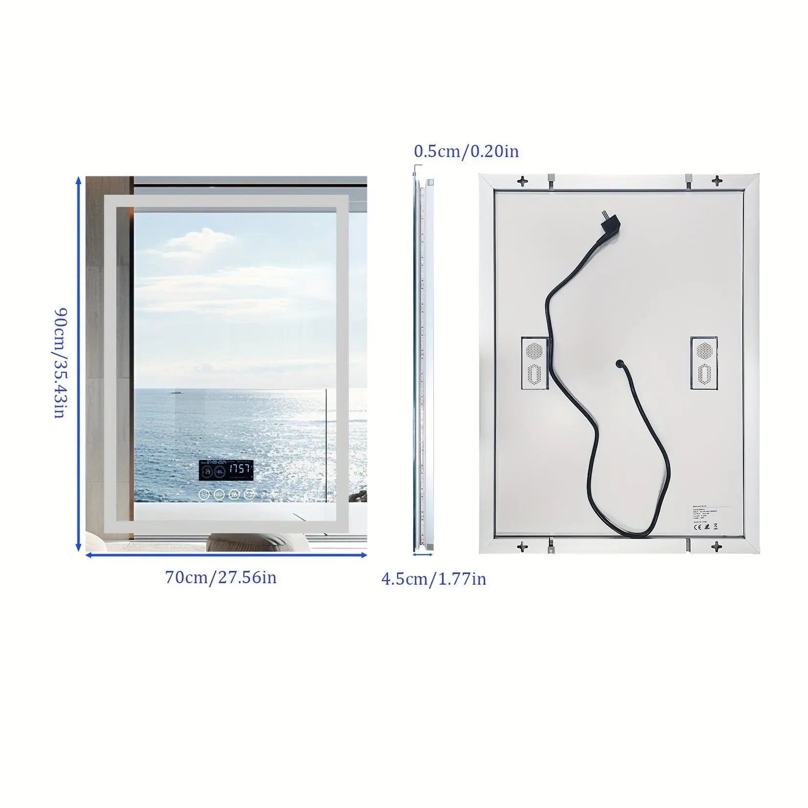A technical diagram for The Signature Smart Mirror by Fantascticz, showing precise product dimensions (90cm H x 70cm W x 4.5cm D) and a view of the back, detailing the electrical cord and mounting points for easy installation.