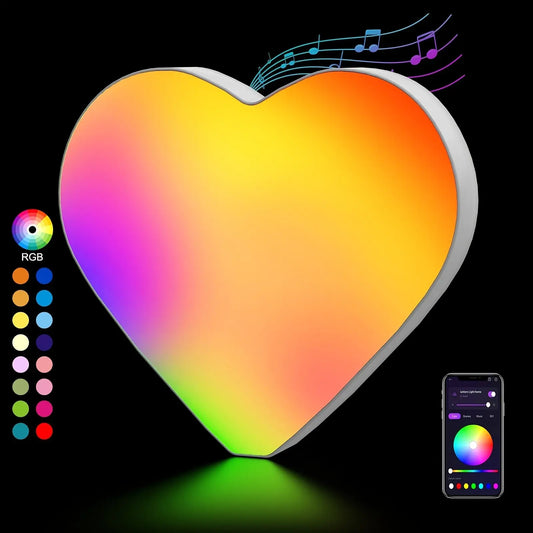 Heart-shaped LED light with RGB color options and smartphone app control on a black background