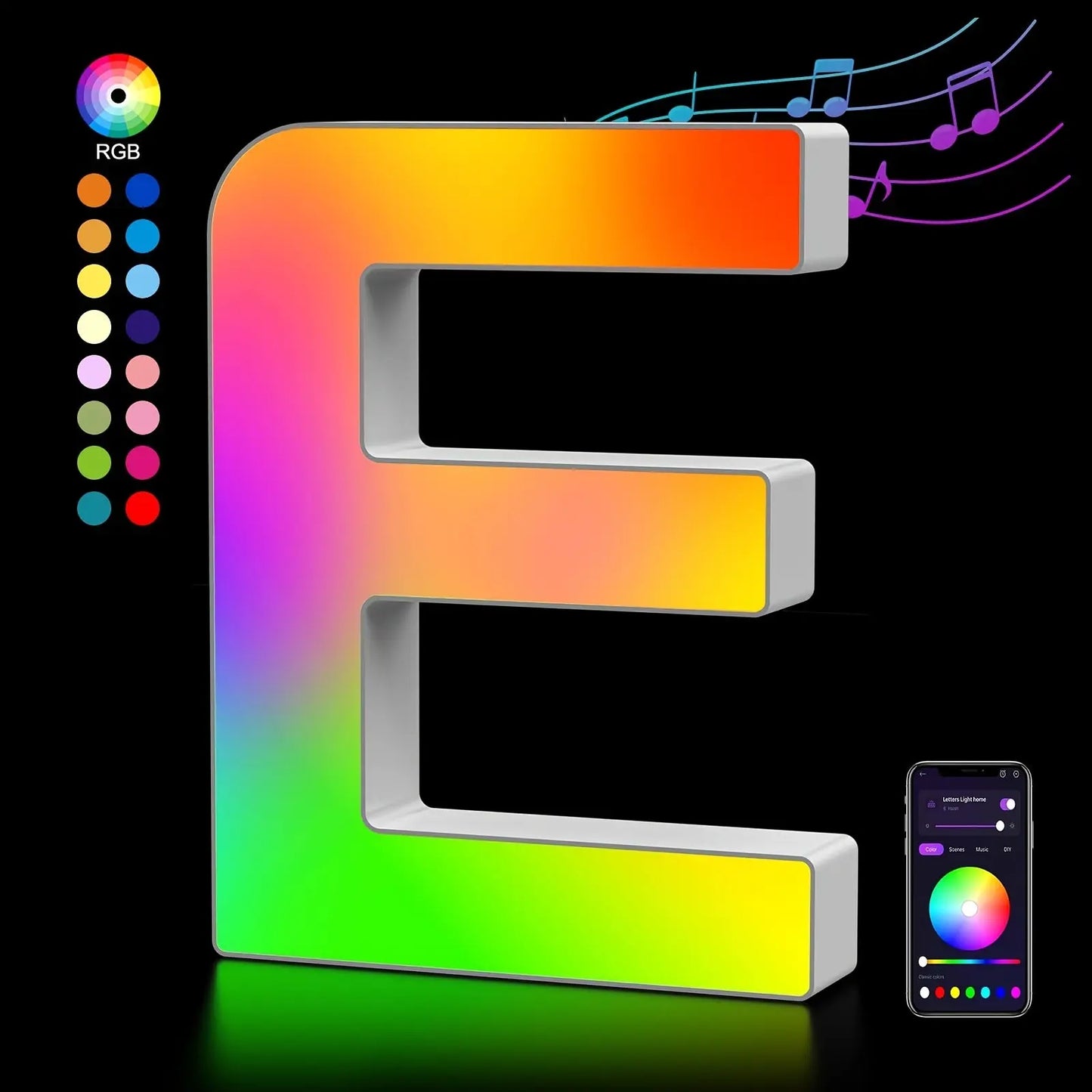 Colorful letter 'E' with RGB options and smartphone app on a black background