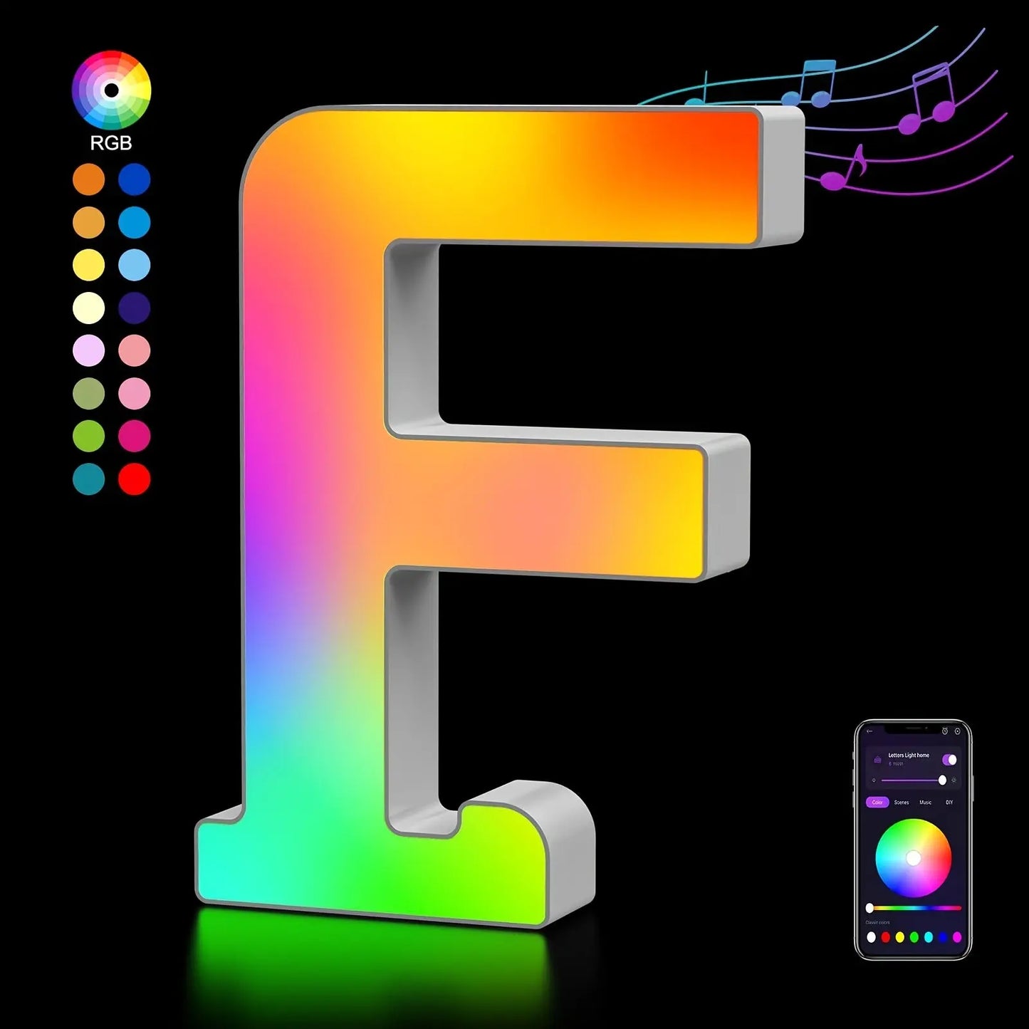 Colorful letter 'E' with RGB color wheel and smartphone app interface on a black background