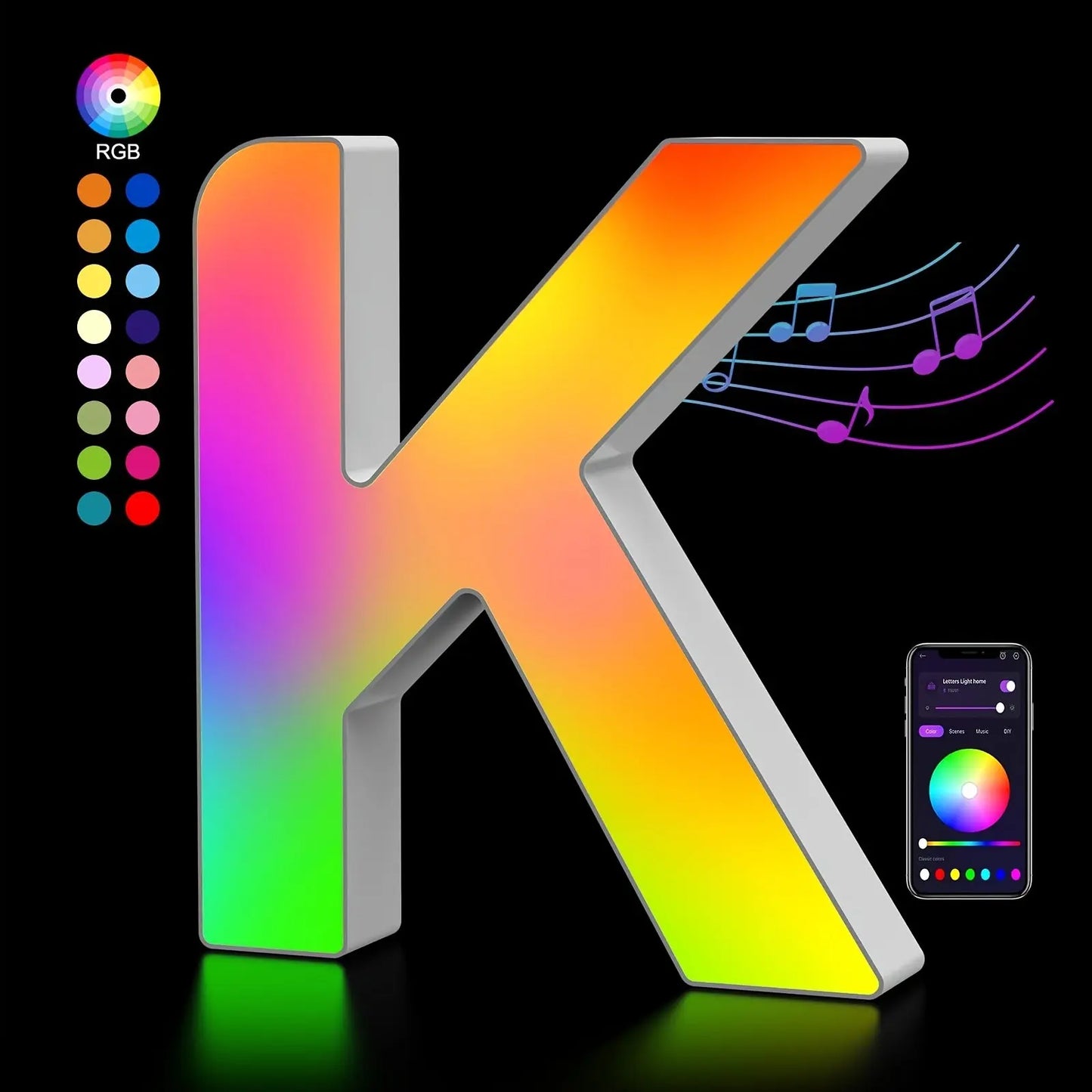 Colorful letter 'K' with RGB color wheel, music notes, and smartphone app interface on a black background.