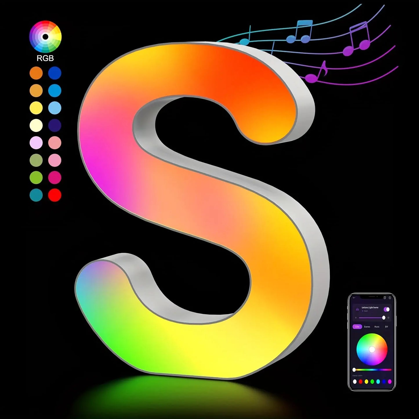 Colorful letter 'S' with RGB color wheel and smartphone app on a black background