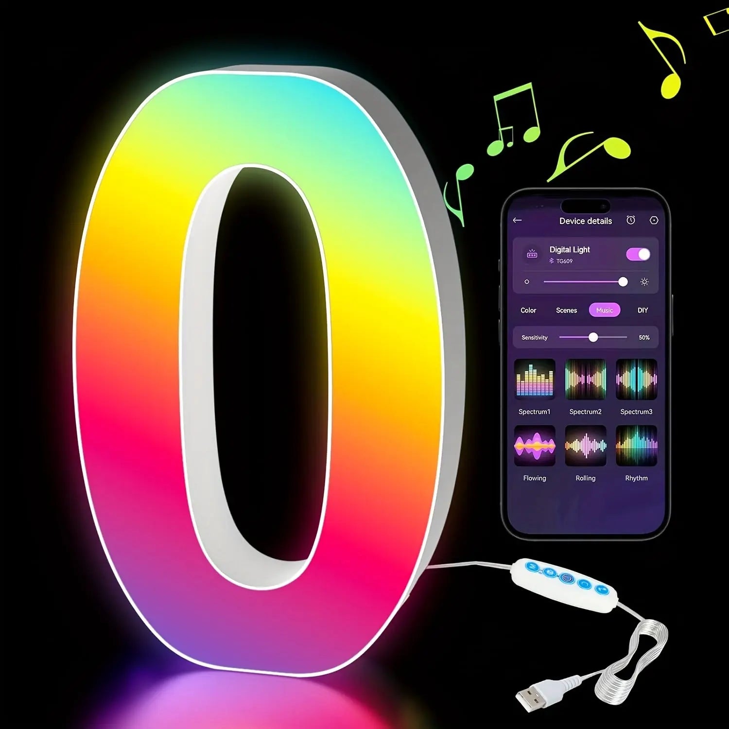 Colorful LED letter 'O' with remote control and smartphone app on a black background