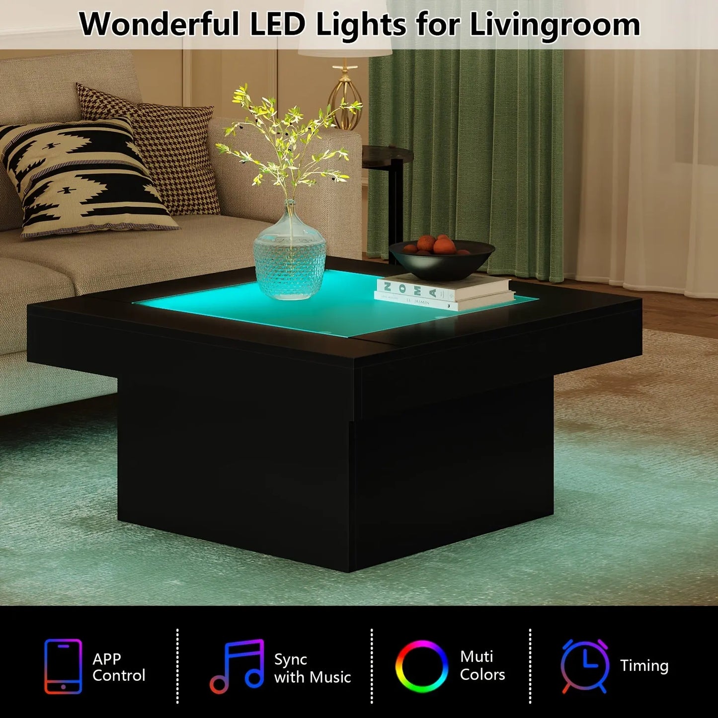 Living room with a coffee table featuring LED lights, app control, and music sync features.