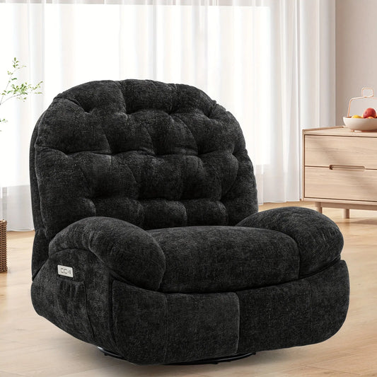 Black plush armchair in a room with light-colored curtains and wooden furniture.