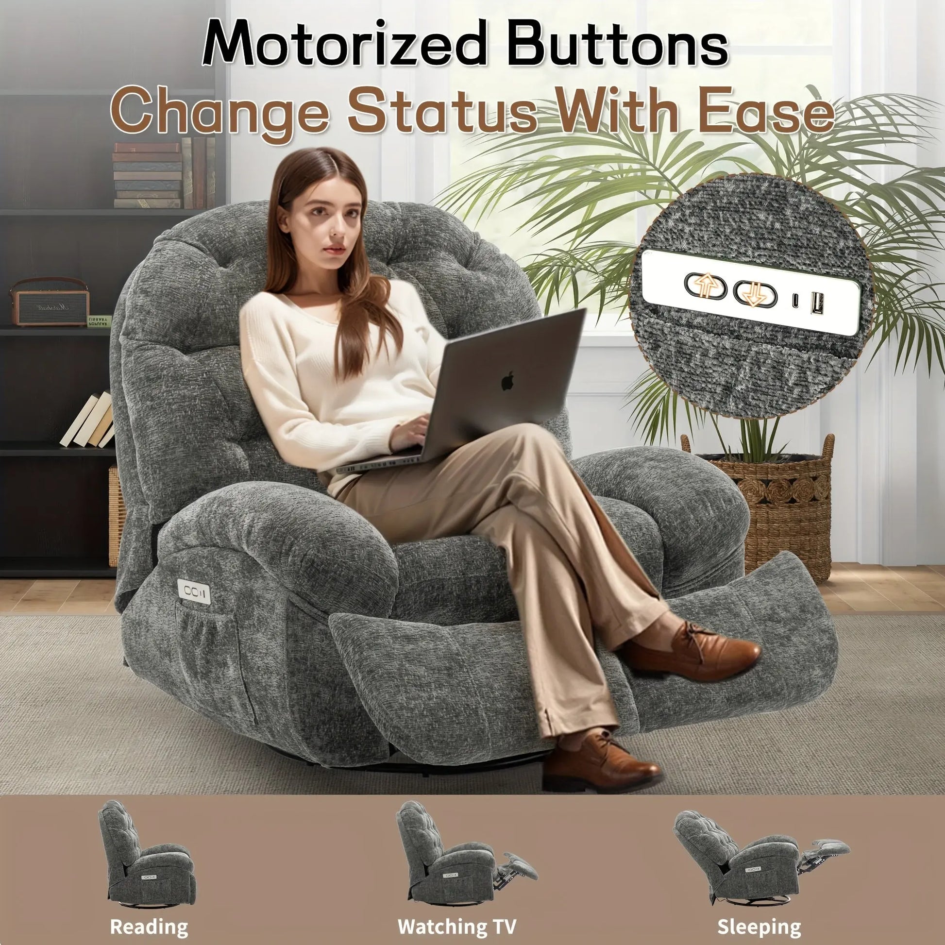 Woman using a laptop in a gray recliner chair with motorized buttons labeled for different activities.
