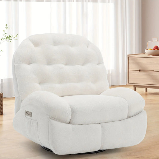 White recliner chair in a room with light-colored curtains and wooden furniture.