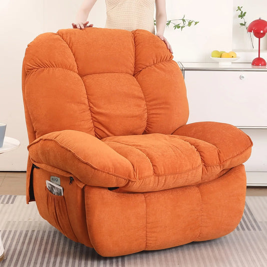 The Utopia Plush Recliner by Fantascticz, shown in a vibrant burnt orange fabric, making a bold statement in a modern living space. The recliner's deep, cloud-like cushioning and soft fabric promise ultimate comfort and relaxation.

