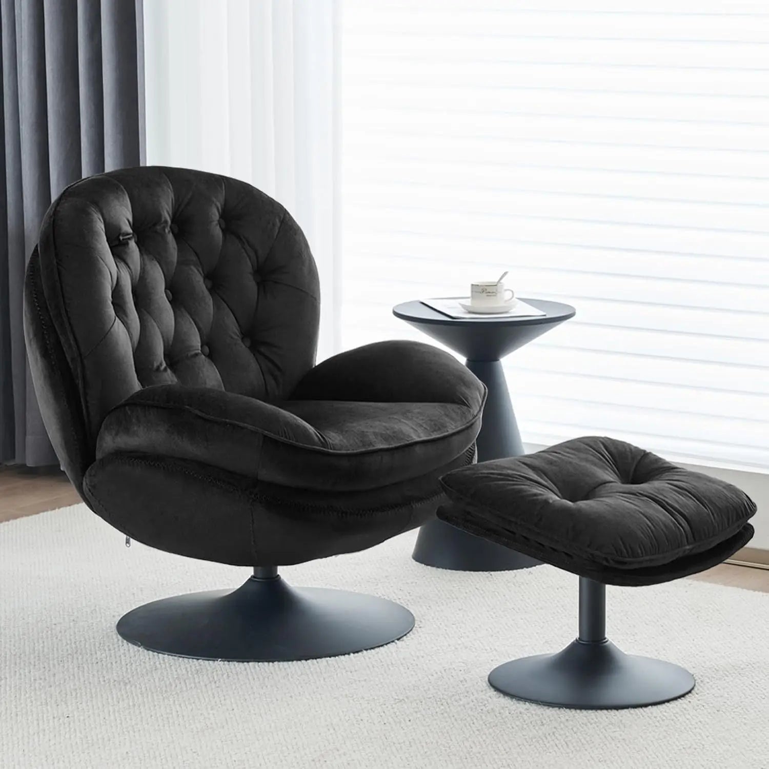 The Sleek Onyx Black Vortex Chair by Fantascticz. A tufted, armless swivel barrel chair shown with its matching ottoman in a stylish setting.