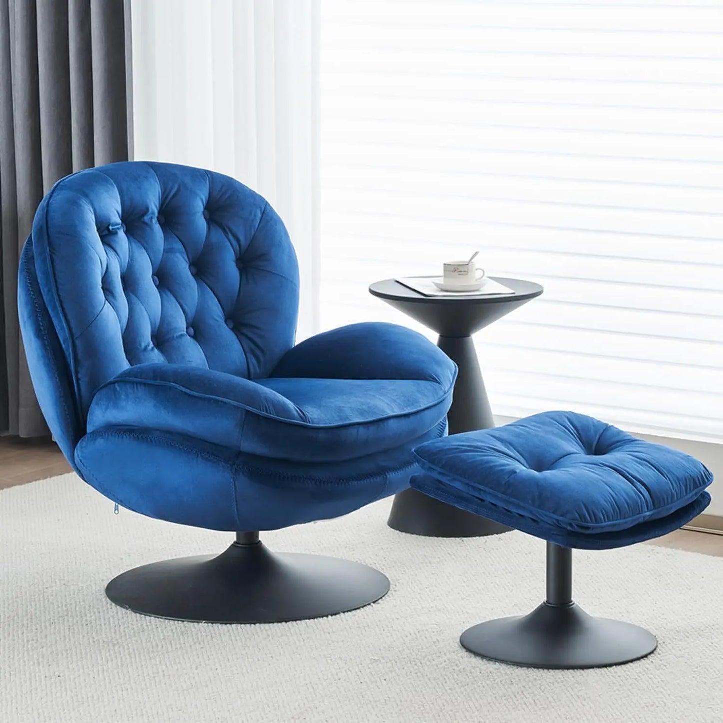 The Commanding Cobalt Blue Vortex Chair by Fantascticz. A tufted, armless swivel barrel chair shown with its matching ottoman in a stylish setting.
