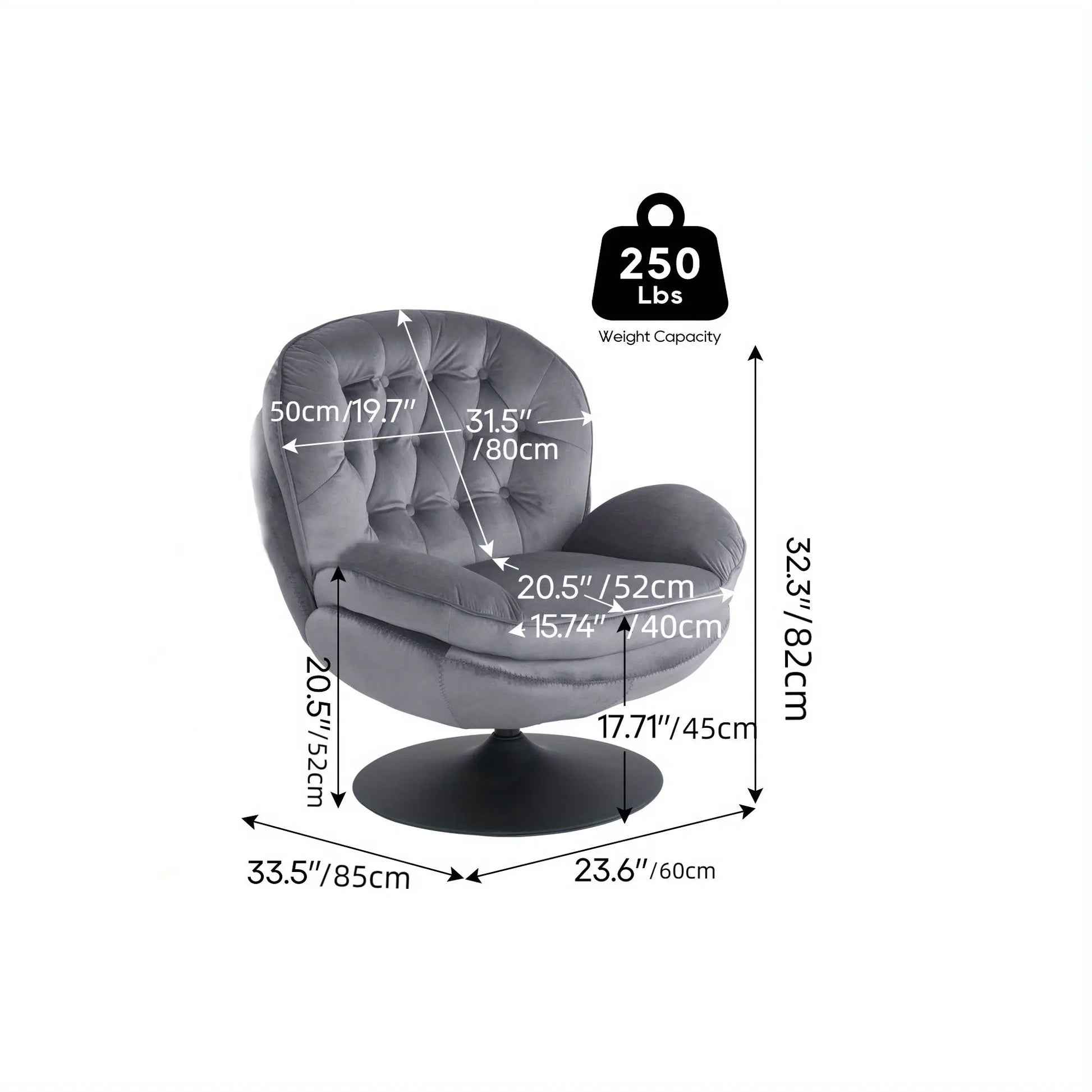A diagram showing the dimensions and specifications of the Vortex Chair by Fantascticz. Key measurements include a total height of 32.3 inches, a width of 33.5 inches, and a weight capacity of 250 lbs.