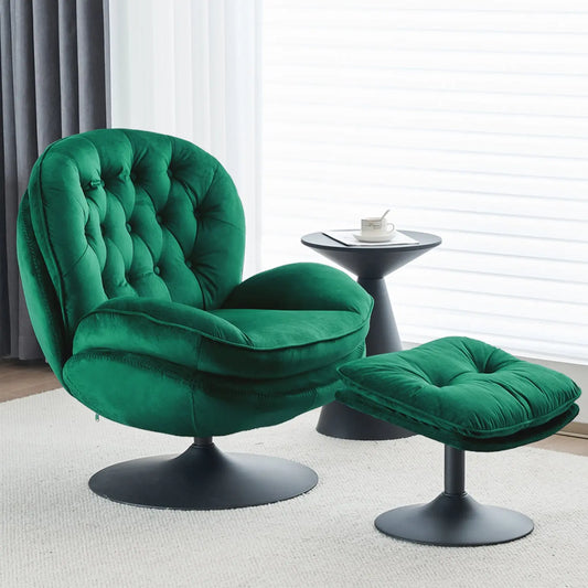 The Lush Emerald Green Vortex Chair by Fantascticz. A tufted, armless swivel barrel chair shown with its matching ottoman in a stylish setting.