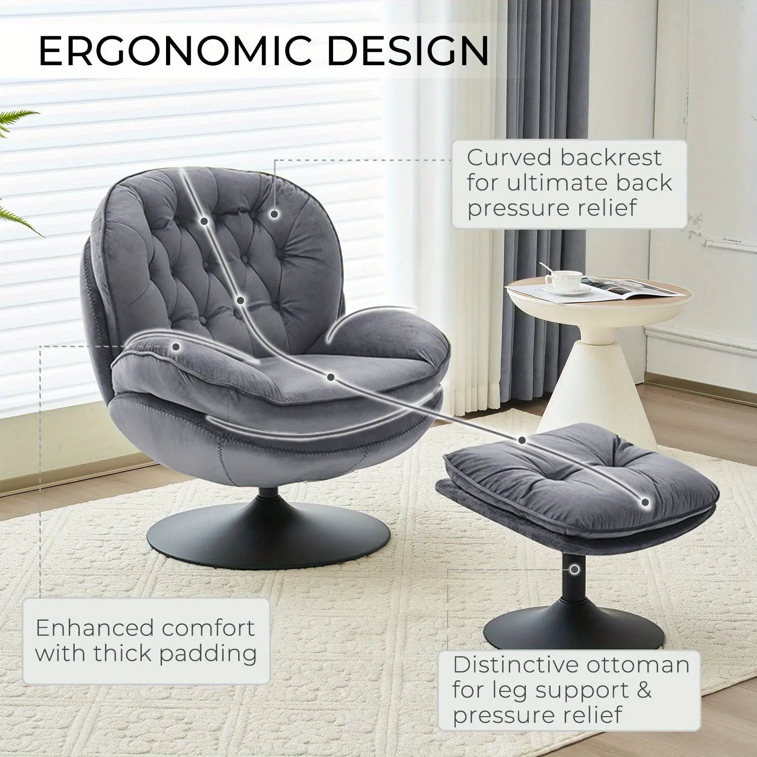 An infographic highlighting the ergonomic design of the Vortex Chair by Fantascticz. Callouts show the curved backrest for back pressure relief, thick padding for enhanced comfort, and a distinctive ottoman for leg support.