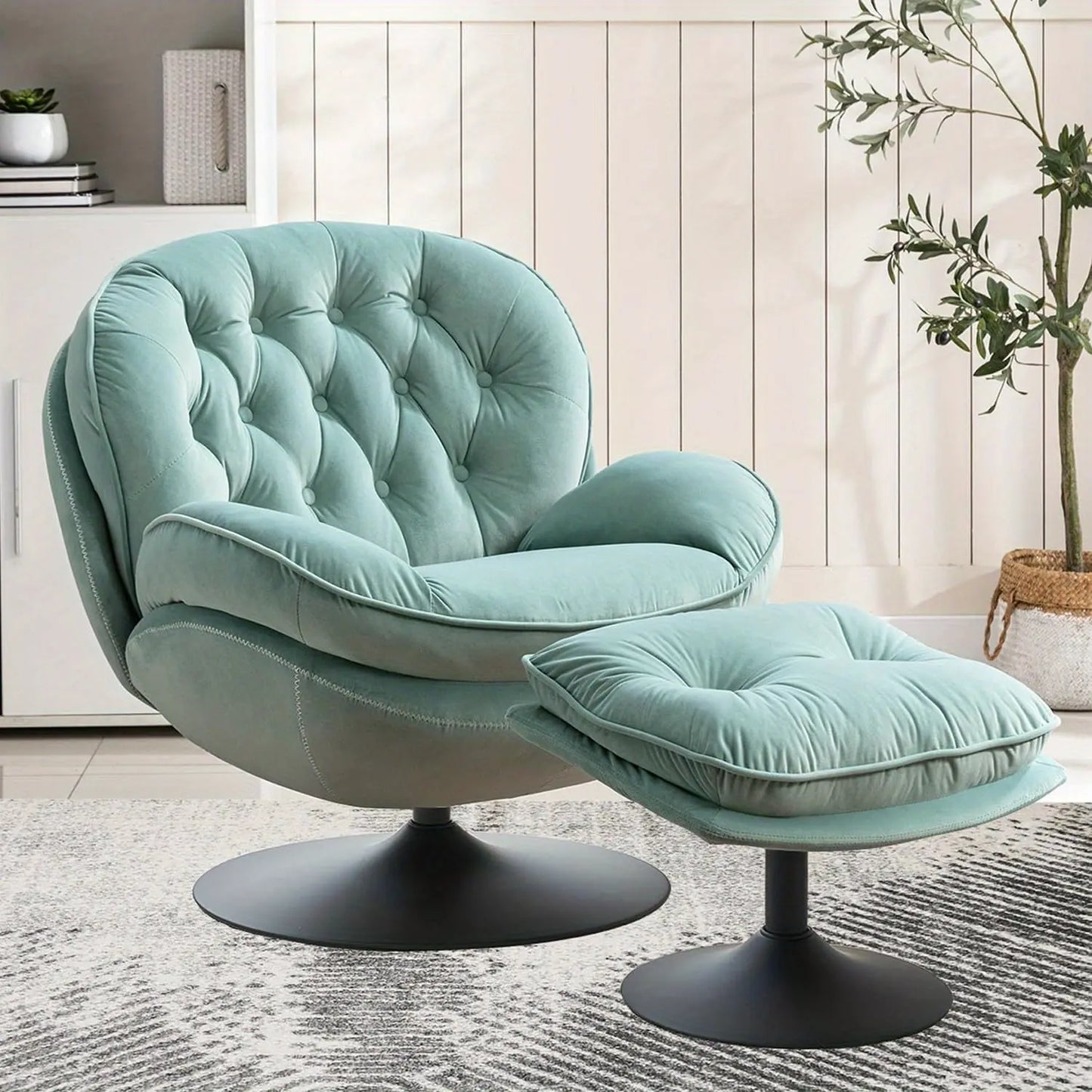 The Dreamy Sky Blue Vortex Chair by Fantascticz. A tufted, armless swivel barrel chair shown with its matching ottoman in a stylish setting.