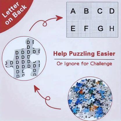 An infographic explaining the letter-coded feature of the Goonies puzzle, showing letters on the back of the pieces to make puzzling easier, with an option to ignore for a challenge.