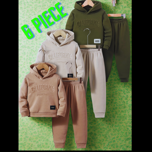 Three sets of children’s fleece-lined hoodies and jogger sweatsuits in olive green, beige, and tan. Each hoodie features the word ‘CALIFORNIA’ embossed on the chest. The image indicates it is a 6-piece set.