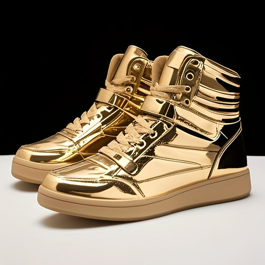 A pair of glamorous metallic gold high-top sneakers with a glossy, reflective finish, tan soles, and a strap detail, set against a black and white background.