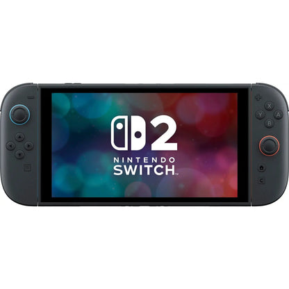 Concept image of a Nintendo Switch 2, showing a sleek black console with the "Nintendo Switch 2" logo on screen and updated Joy-Con controllers.