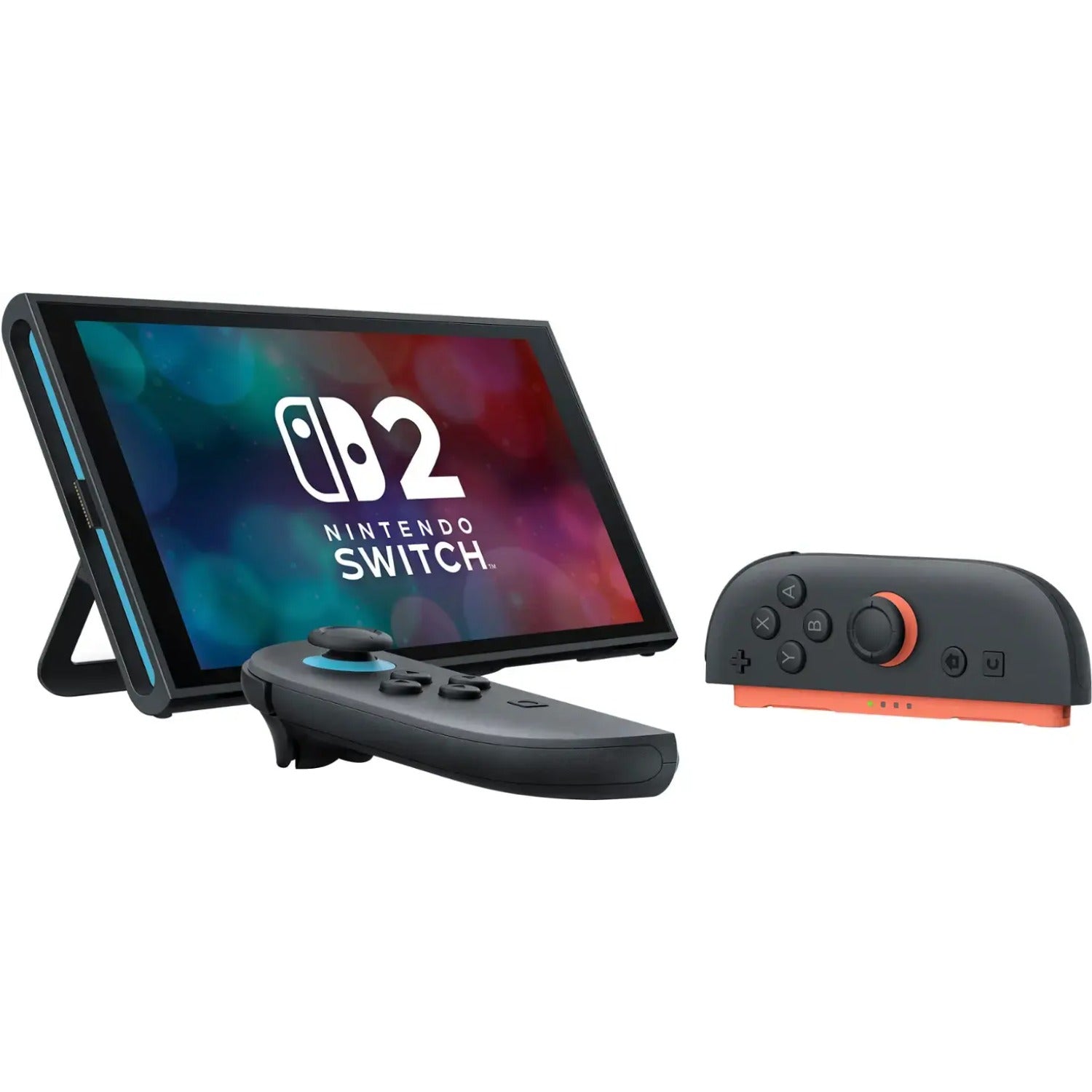 Nintendo Switch console with stand and controller on a white background
