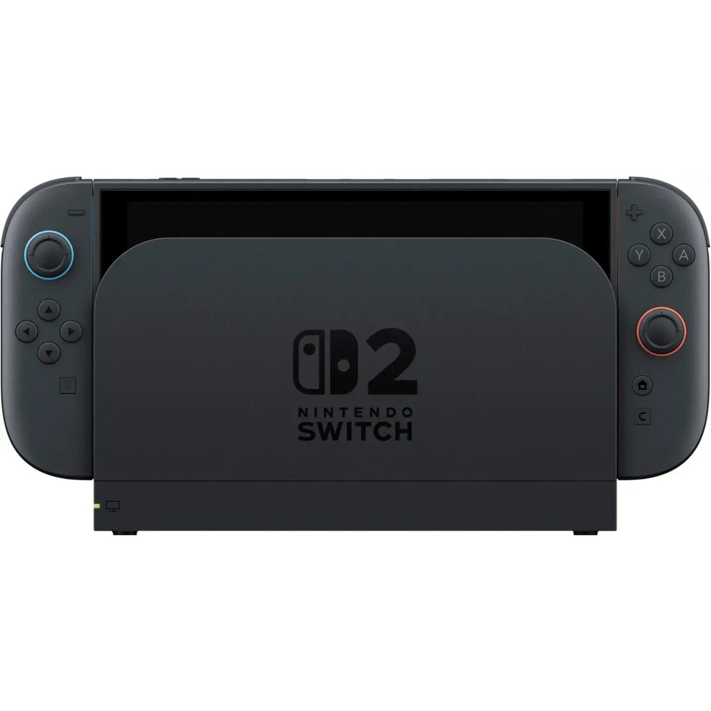 Front view of the black Nintendo Switch 2 console seated in its black docking station, with blue and red accented Joy-Con controllers attached.