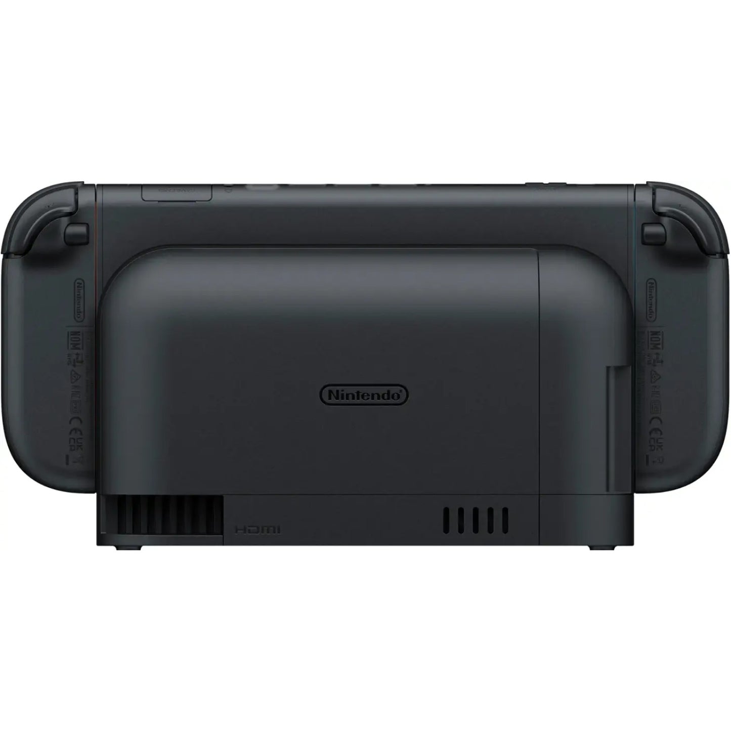 Back view of a black Nintendo Switch console seated in its black docking station, showing the Nintendo logo and port access area.