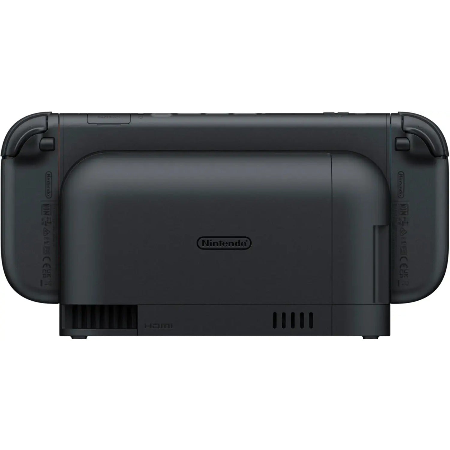 Back view of a black Nintendo Switch console seated in its black docking station, showing the Nintendo logo and port access area.