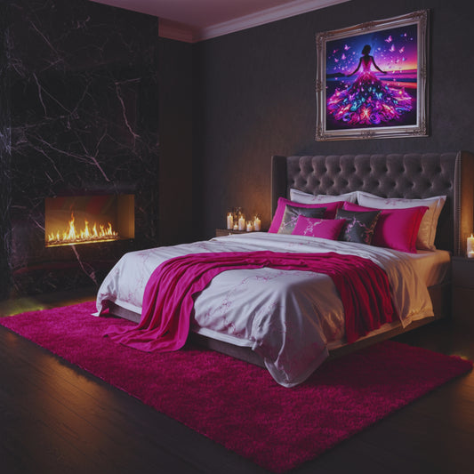 A luxurious bedroom with a dark color scheme and vibrant pink accents. A modern fireplace is set into a black marble wall. Above the bed hangs the "Lady Butterfly" diamond painting, featuring a woman in a gown of colorful, glowing butterflies, fitting the modern, high-end Fantascticz aesthetic.