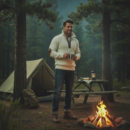 A handsome man stands by a campfire in a forest setting. He's wearing a stylish sweater and holding a mug, with a tent and picnic table in the background.