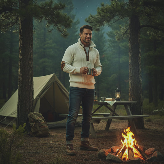 A handsome man stands by a campfire in a forest setting. He's wearing a stylish sweater and holding a mug, with a tent and picnic table in the background.