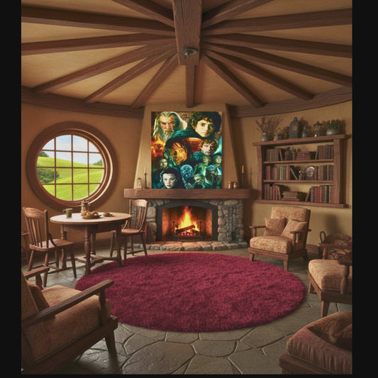 A cozy hobbit-hole interior (MP4 video still). A round window looks out onto a green landscape. A stone fireplace with a roaring fire is centered beneath a movie poster featuring characters from The Lord of the Rings. A red, circular rug sits in the middle of the room, surrounded by wooden furniture and a bookshelf filled with books.