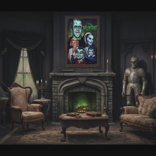 A still image from a video showcasing a room with a dark, gothic aesthetic, reminiscent of The Munsters' home. In the center of the room is a stone fireplace with a green glow emanating from within. Above the mantelpiece hangs a framed portrait of the Munster family: Herman, Lily, Grandpa, Eddie, and Marilyn. To the left and right of the fireplace are antique-style armchairs. A suit of armor stands to the right of the fireplace. The overall ambiance is spooky yet elegant, fitting the 1980s retro theme of yo
