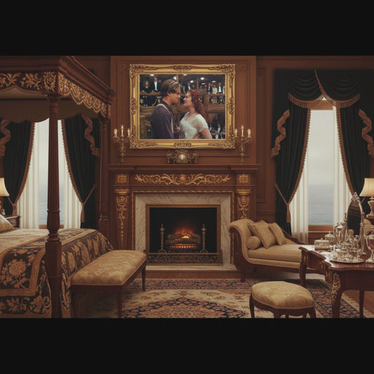 A short video showcasing the 'Titanic Jack & Rose' diamond painting kit, displayed in a luxurious, Titanic-era stateroom with a fireplace and elegant furniture, highlighting the romantic and high-end nature of the Fantascticz art piece.