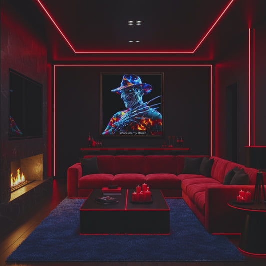 A modern, luxurious room with a "Nightmare on Elm Street" theme. The decor is black and red, with red neon lighting. A large, framed portrait of Freddy Krueger hangs on the back wall above a red sectional sofa. The room has a dark, high-end retro horror vibe, perfect for Fantascticz.