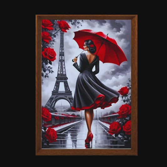 A framed portrait showcases a woman with her back turned, holding a vibrant red umbrella against a gray and white cityscape dominated by the Eiffel Tower. She is dressed in a stylish black dress accented with red trim that matches her high heels and the rose in her hair. The cobblestone street she stands on is lined with blooming red roses, enhancing the romantic Parisian ambiance. This is an MP4 image with music added. It embodies the timeless elegance and charm of Fantascticz: Then, Now & Always! 