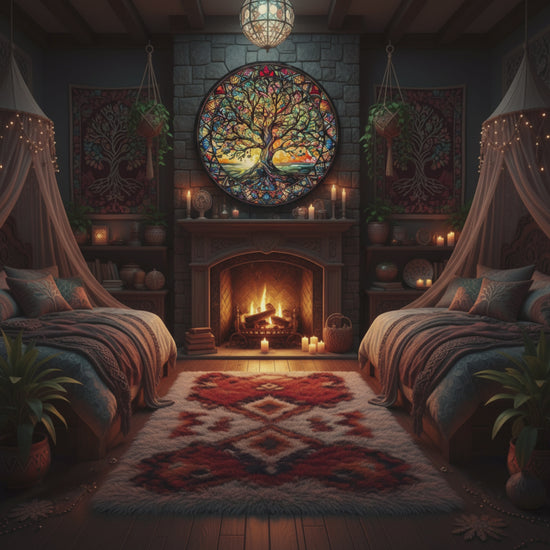 Cozy bohemian bedroom with twin beds, a warm fireplace, and a large Tree of Life diamond painting above the mantle.