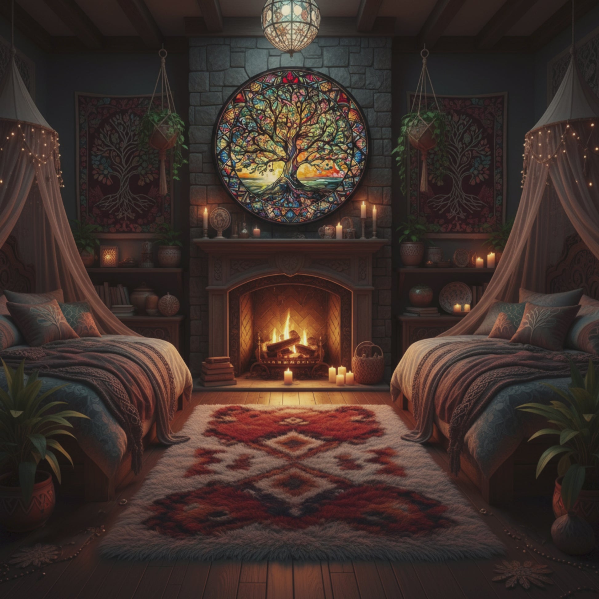 Cozy bohemian bedroom with twin beds, a warm fireplace, and a large Tree of Life diamond painting above the mantle.