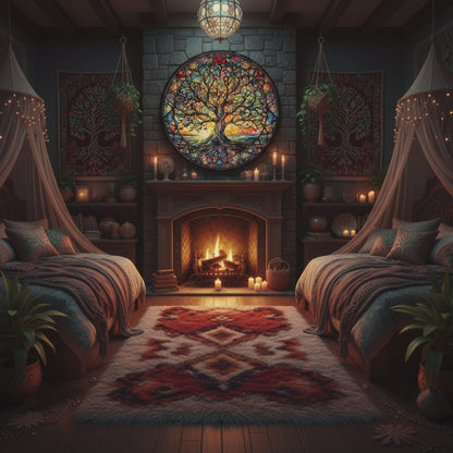 Cozy bohemian bedroom with twin beds, a warm fireplace, and a large Tree of Life diamond painting above the mantle.